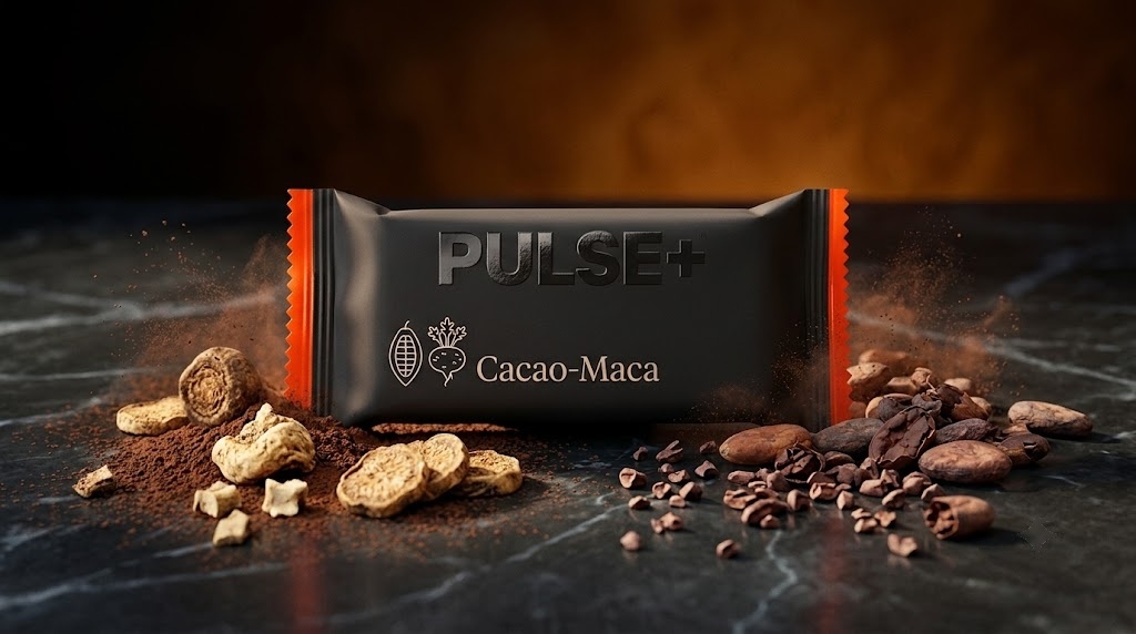 Barre PULSE+ Cacao-Maca, pochette anthracite, entourée de fèves de cacao et de maca