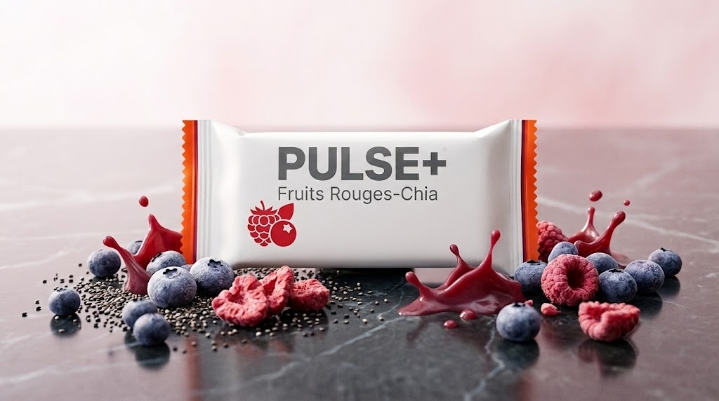 Barre PULSE+ Fruits Rouges-Chia, pochette blanche, entourée de myrtilles, framboises et graines de chia