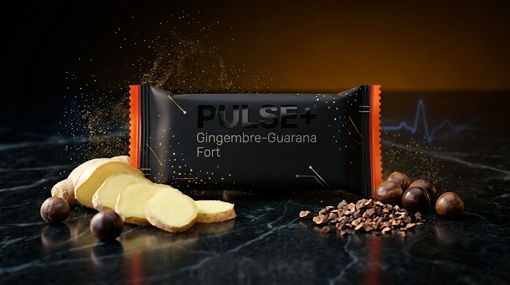Barre PULSE+ Gingembre-Guarana Fort, pochette noire aux lignes électriques, entourée de gingembre frais et de guarana