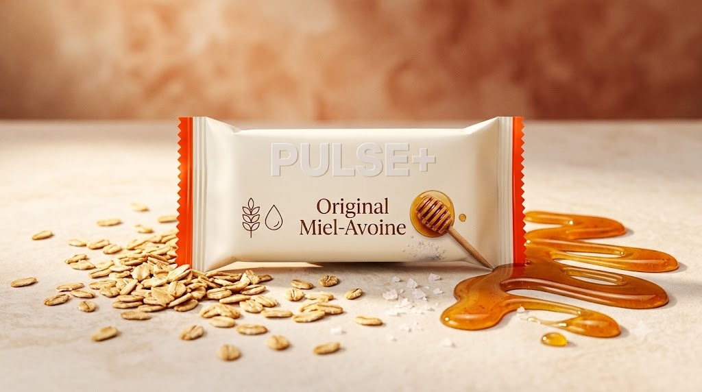 Barre PULSE+ Original Miel-Avoine, pochette crème au liseré orange, entourée de flocons d'avoine et de miel